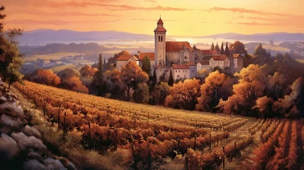Poster Vineyards of France and Italy in an idyllic landscape at sunset © Ramon Grosso