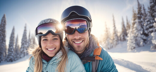 smiling vacation couple skiing in the snowy mountains on the slope with their ski and professional equipment on a sunny day, while taking a selfie, enjoying life, natural life outdoors - obrazy, fototapety, plakaty