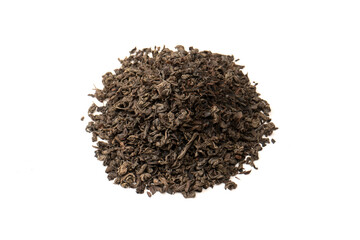 Dried tea leaves isolated on a white background.