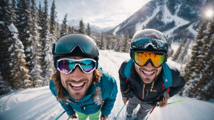 Fototapeta na wymiar friends on vacation skiing in the snowy mountains on the slope with their ski and professional equipment on a sunny day, while taking a selfie, enjoying life, natural life outdoors
