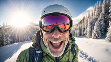 smiling skier, mature man, jumping in the snowy mountains on the slope with his ski and professional equipment on a sunny day while taking a selfie