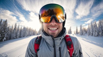 Fototapeta na wymiar portrait of smiling skier, young man, jumping in the snowy mountains on the slope with his ski and professional equipment on a sunny day