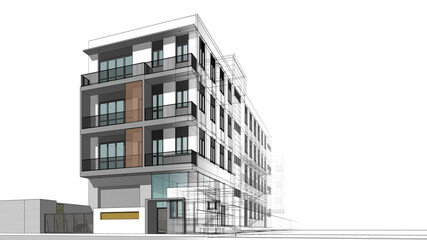 Modern building architectural sketch 3d illustration