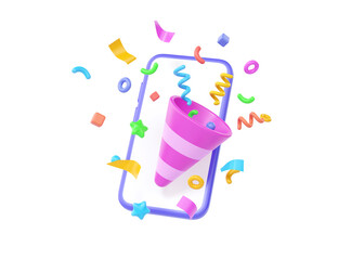 3d phone with confetti, winner celebrate party cartoon render illustration. Call device with cute birthday explode