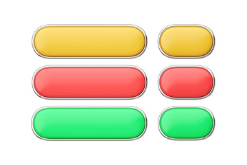 3d render buttons set - glossy web elements, long shiny label with chrome and clean click symbol