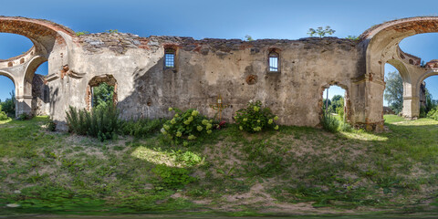 full seamless spherical hdri 360 panorama inside ruined abandoned church with arches without roof...