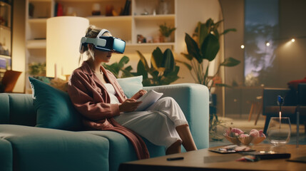 Woman wearing virtual reality goggles sits at home - obrazy, fototapety, plakaty