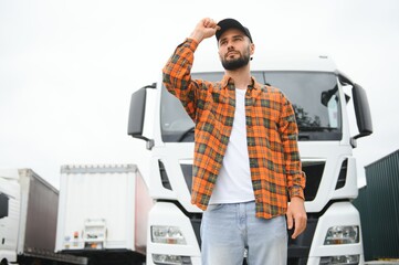 Men driver near lorry truck. Man owner truck driver near truck. Man trucker trucking owner....