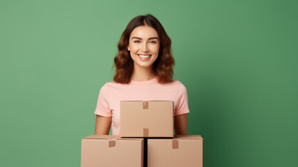 Young happy woman holding brown clear blank craft stack cardboard boxes mock up isolated on green background