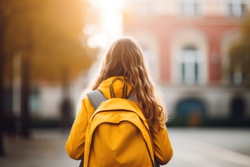 Schoolgirl wearing yellow clothes with a yellow backpack walking to school. - Powered by Adobe