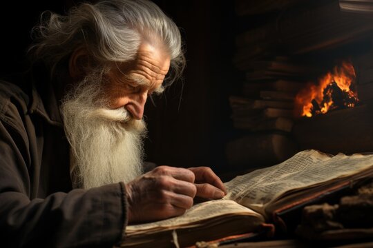 Elderly male monk bent over an old bible on a dark background.