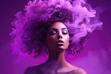 Creative portrait of an african girl with closed eyes and smoke in her hair illuminated with violet...