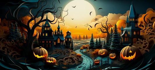 Schilderijen op glas Halloween papercut, halloween scene with ghosts for website, wallpaper, elaborate landscapes. © toodlingstudio