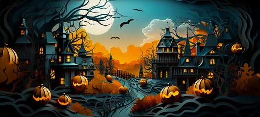 Gordijnen Halloween papercut, halloween scene with ghosts for website, wallpaper, elaborate landscapes. © toodlingstudio