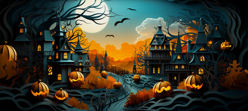 Halloween papercut, halloween scene with ghosts for website, wallpaper, elaborate landscapes.