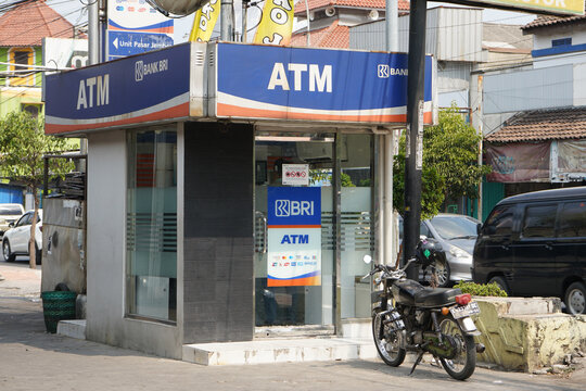 Kudus, Indonesia - September 18, 2023 : PT Bank Rakyat Indonesia (Persero) Tbk ('Indonesian People's Bank', commonly known as BRI) is one of the largest banks in Indonesia. An automated teller machine