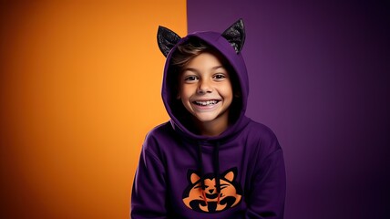 Studio photo of cheerful latin boy in Halloween hoodie isolated on orange and purple background. Copy space. 