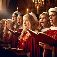 Holiday Choir Singing: A choir performing classic Christmas carols in festive attire.. AI Generated - obrazy, fototapety, plakaty