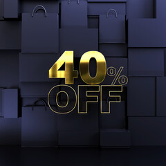 40% off gold text 3d rendering on shopping bag background for black friday, promotion, creative campaign, social media poster etc.