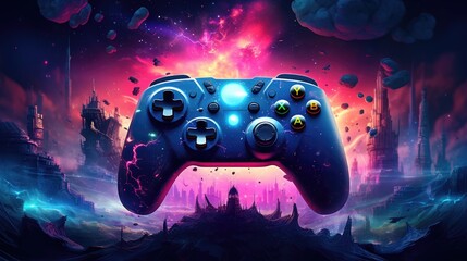 Colorful video game controller on black background.
