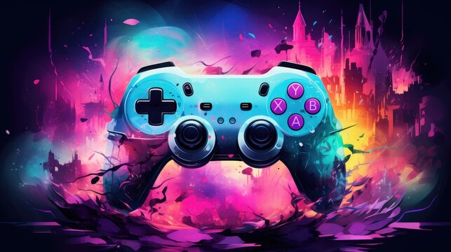 Colorful video game controller on black background.
