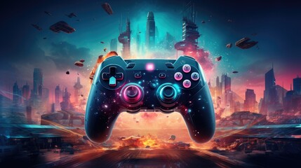 Gamepad on abstract colorful watercolor splashes background