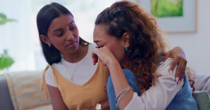 Home, sad and women with support, friends and empathy with discussion, stress and depression in a lounge. People, apartments and girls with sympathy, emotions and conversation with crying and comfort