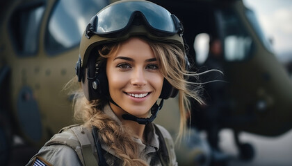Mujer piloto de helicópteros para conflictos bélicos de labores humanitarias. Retrato de una joven militar con uniforme. Ai generado.