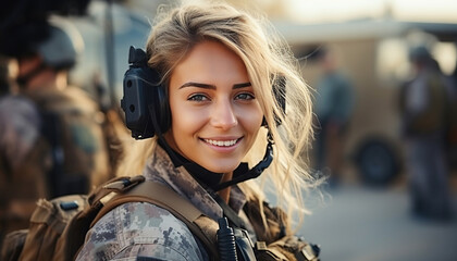 Mujer piloto de helicópteros para conflictos bélicos de labores humanitarias. Retrato de una joven militar con uniforme. Ai generado. - obrazy, fototapety, plakaty
