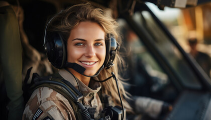 Mujer piloto de helicópteros para conflictos bélicos de labores humanitarias. Retrato de una joven militar con uniforme. Ai generado. - obrazy, fototapety, plakaty