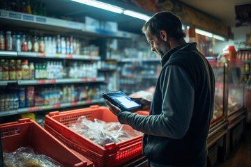 A store manager doing stock management in his grocery products with a tablet in his hand Generative AI Illustration - obrazy, fototapety, plakaty