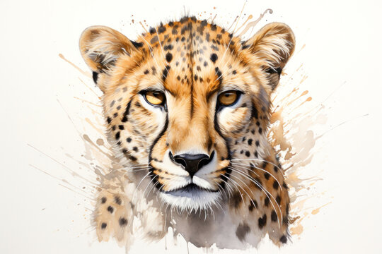Watercolor illustration of a exotic painting of a wild cheetah leopard isolated on white background Generative AI