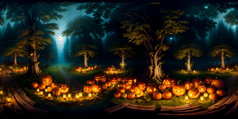 Happy Halloween 360 panorama background with glowing pumpkins and horror themes"