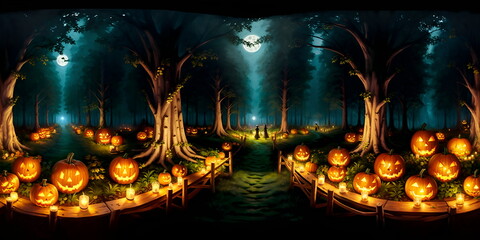 Happy Halloween 360 panorama background with glowing pumpkins and horror themes"