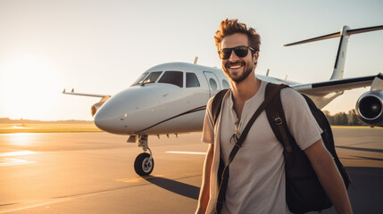 Man with luggage in the background of a private plane - obrazy, fototapety, plakaty