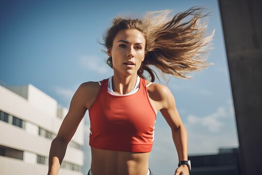 Active female athlete dynamically running in a vigorous trining session. generative AI