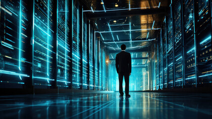 man in datacenter with servers and computers