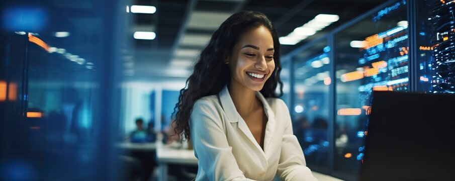 Cheerful woman working diligently in a data center. Digital world in female professional hands. Copy space