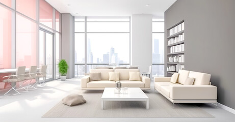 Fototapeta premium modern white lighted open space office with large windows