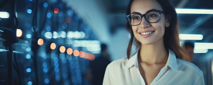 Cheerful woman working diligently in a data center. Digital world in female professional hands. Copy space