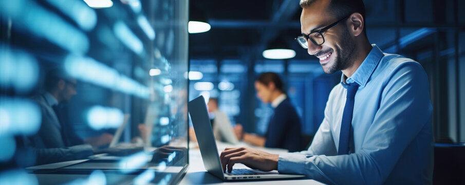 Cheerful man working diligently in a data center. Digital world in male professional hands. Copy space