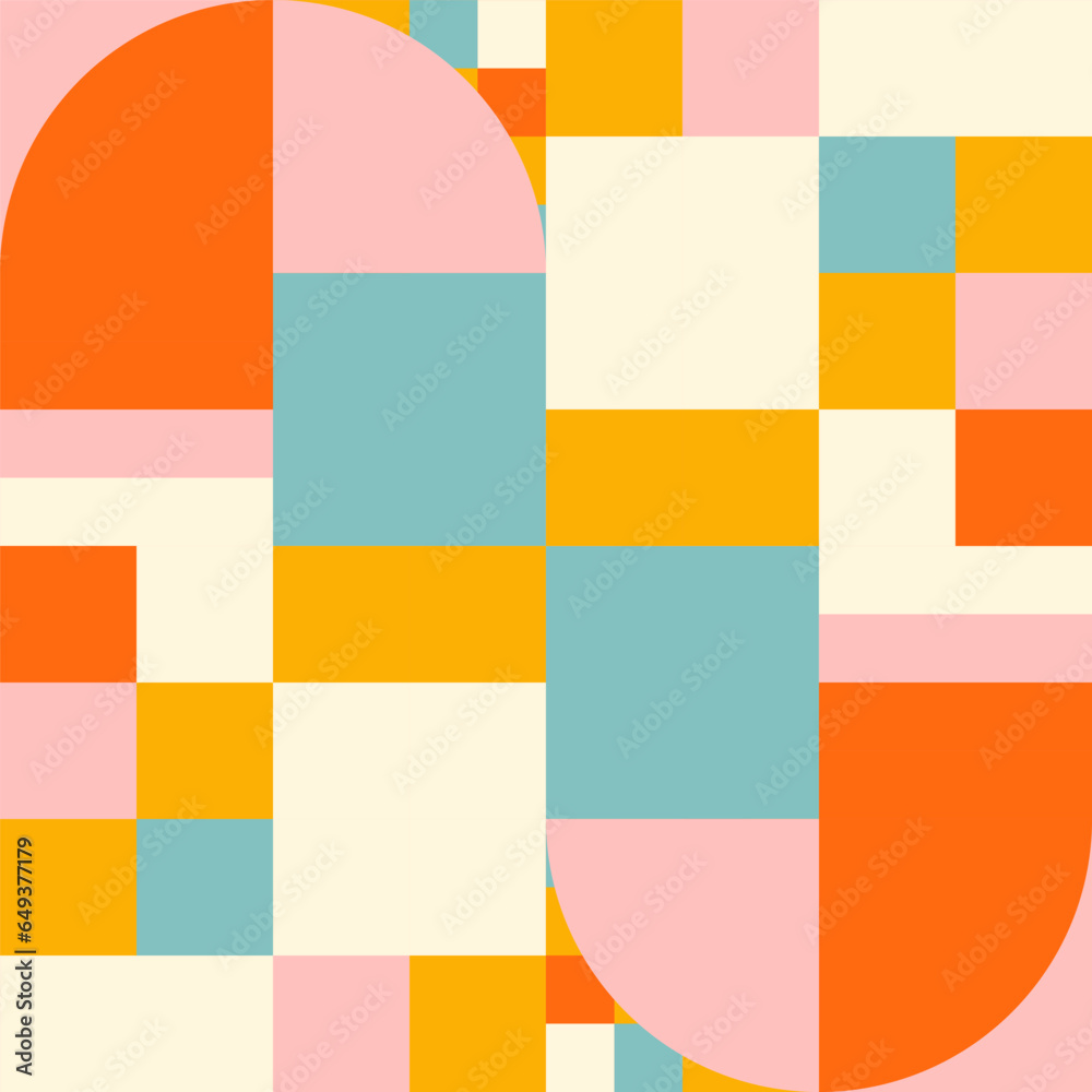 Poster Simple geometric seamless pattern. Modern abstract background with circle, semi circle, square, rectangle stripe shapes in pastel colors.