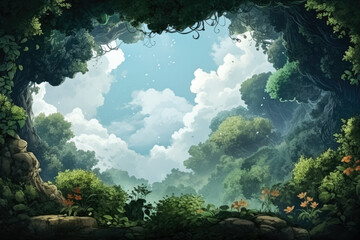 Enchanting fairy-tale forest canopy background with empty space for text 