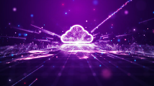 Cloud and edge computing technology data transfer Backup storage concept. A large cloud icon stands out in the middle of interconnected polygons. Abstract world map particles on dark pink background.