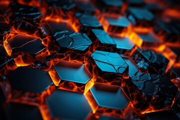 Glowing tessellated polygons merging into an eccentric 3D geometric landscape 