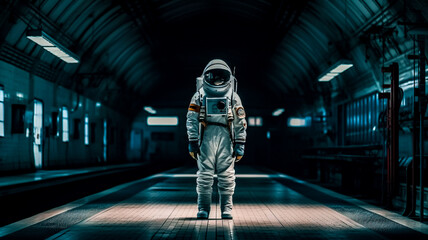 Personne avec casque et combinaison d'astronaute dans une station souterraine - obrazy, fototapety, plakaty
