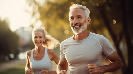 Senior couple going for a run and living a healthy lifestyle for longevity. Concept of healthy living of older people - obrazy, fototapety, plakaty