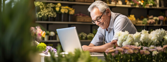 Portrait of senior man entrepreneur sitting in own flower shop, working on laptop. - obrazy, fototapety, plakaty