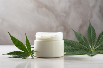 Obraz na płótnie Canvas White cream jar open on marble table with green cannabis leaves