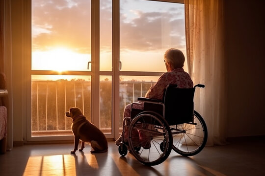 Lonely elderly senior person in wheelchair in nursing home, sitting by the window with his dog.